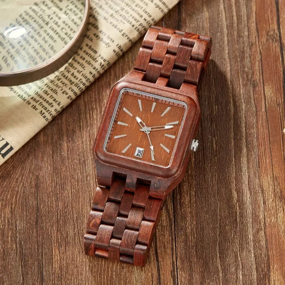 Men's Brown Red Rectangle Quartz Movement Wooden Watches